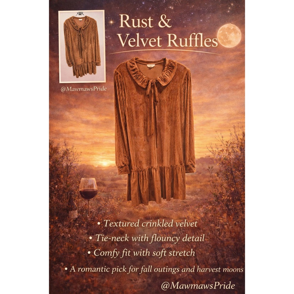 POL Womens Medium  Rust Crinkle Velvet‎ Long Sleeve Tie Neck Ruffle Dress 323